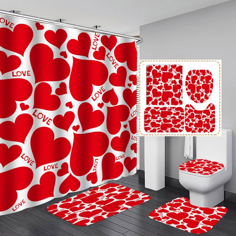 4 Heart Print Bathroom Waterproof Shower Curtain Cover Mat Wedding Party Decor 
